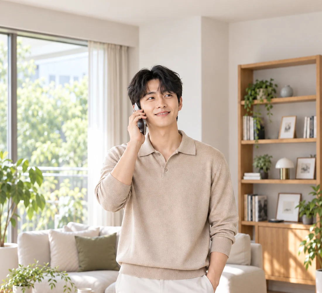 밝은 상담실에서 휴대전화로 문자 상담을 하며 웃는 고객